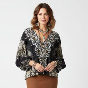 Free People Black Print Long Sleeve Peasant Boho Festival Oversized Top Blouse M